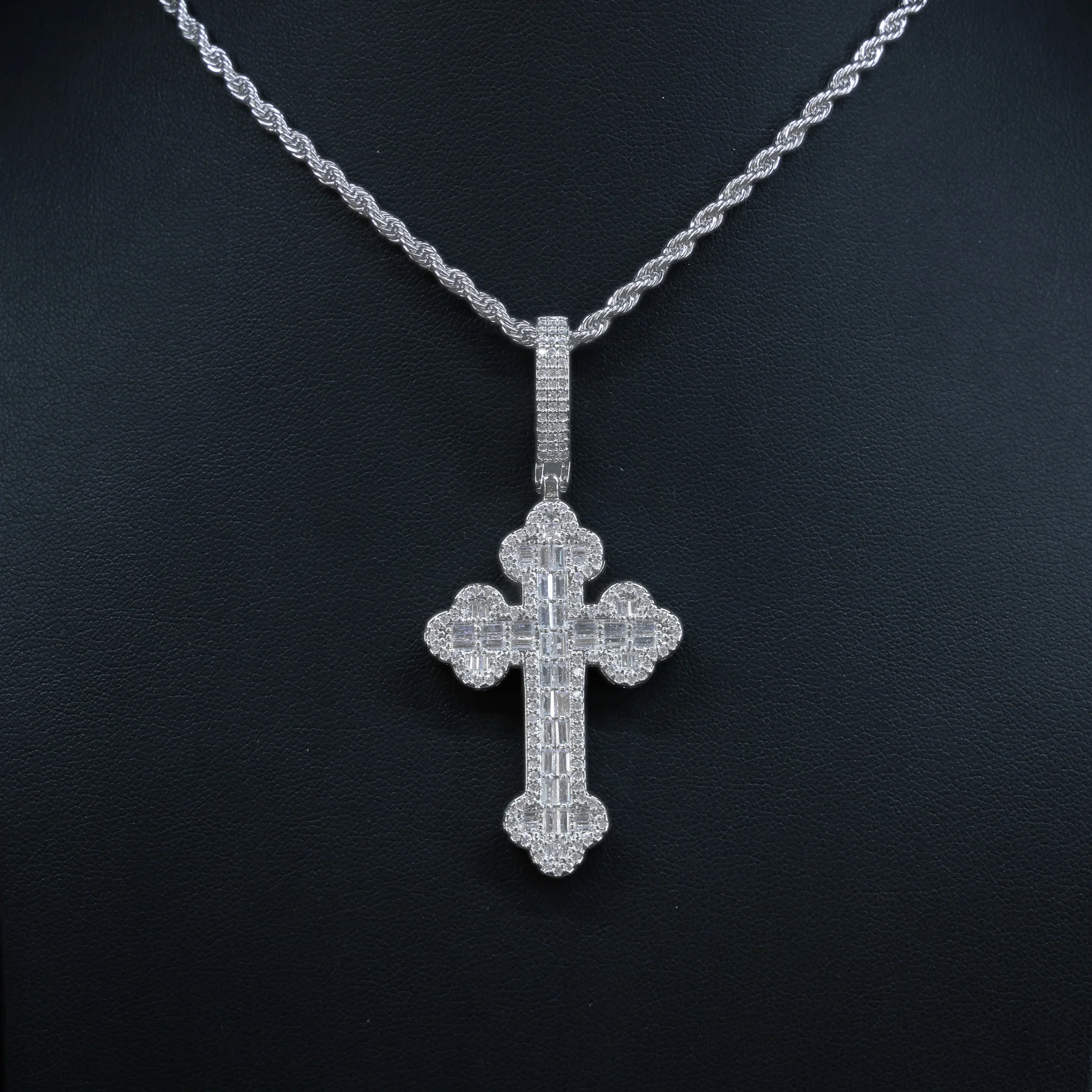 Iced Baguette Budded Cross Pendant - White Gold - Image 3