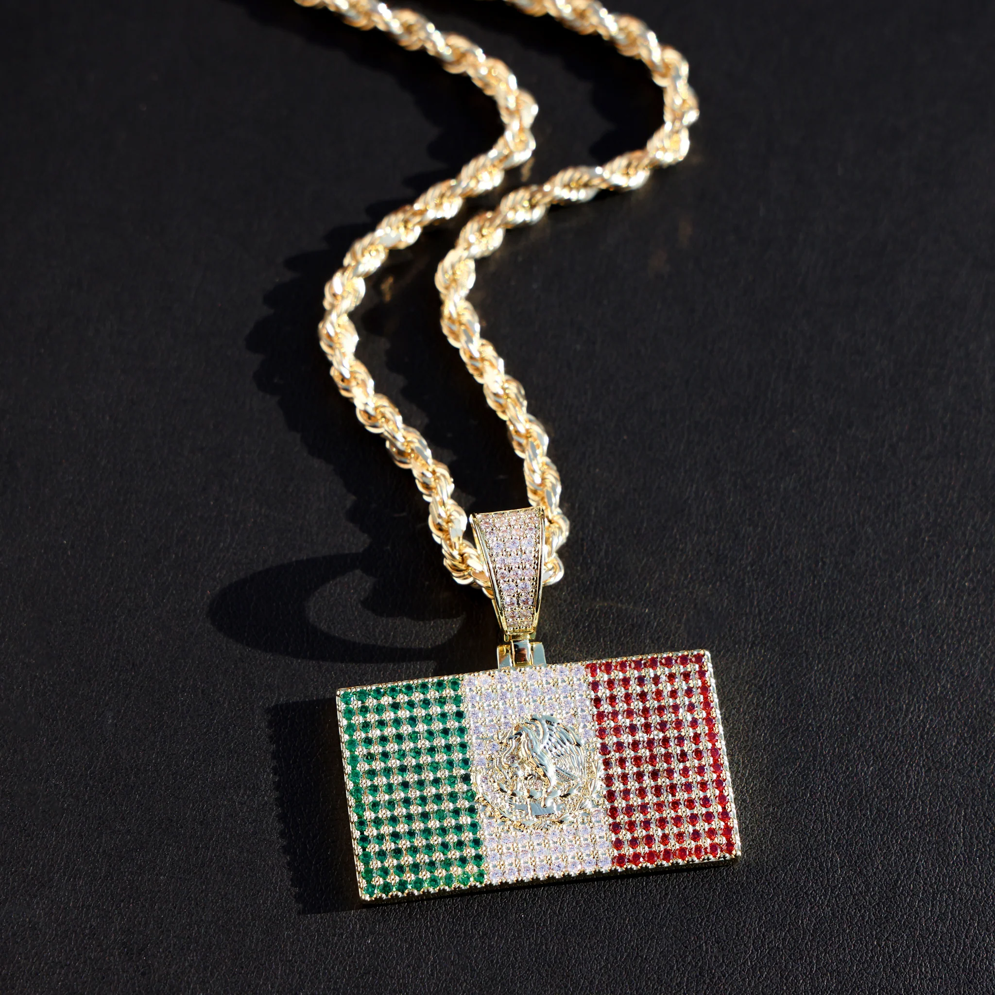 Iced Out Mexican Flag Pendant - 14k Gold - Image 3