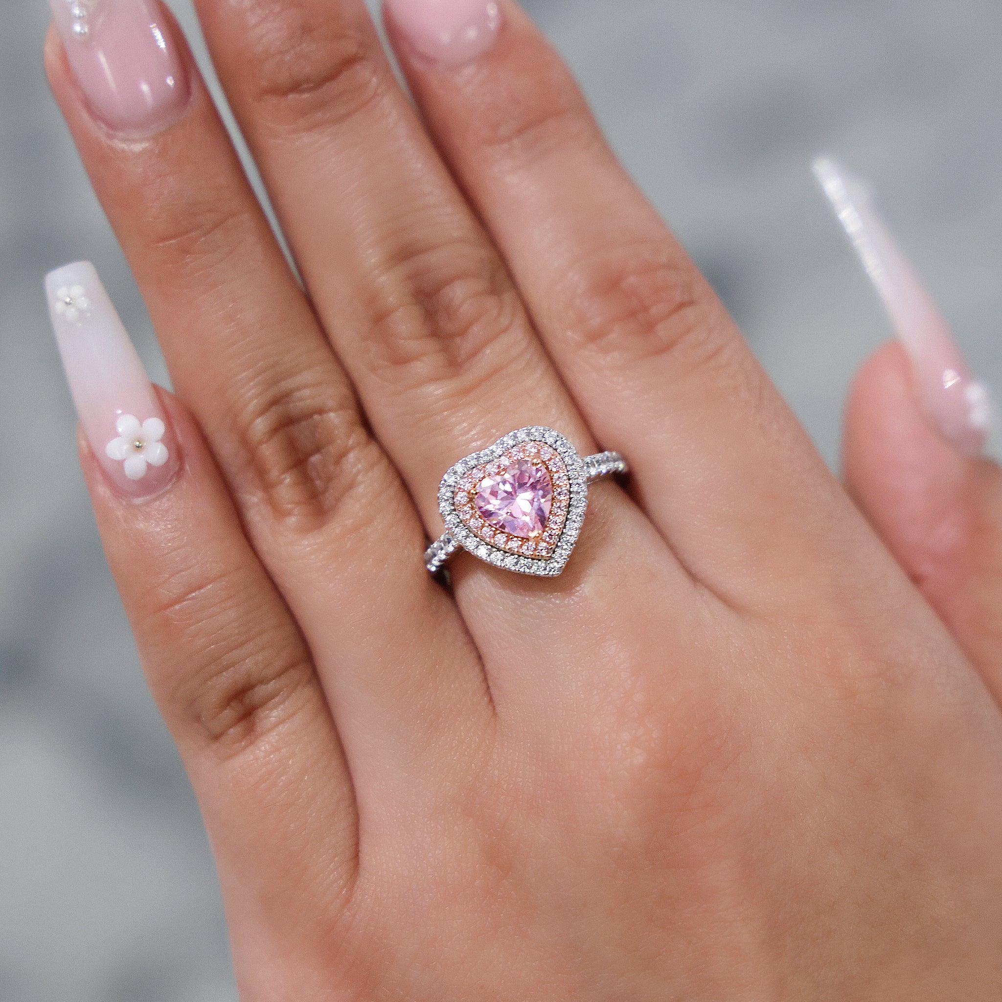 Pink Heart CZ Diamond 2 Tone Ring - 925 Silver - Image 3