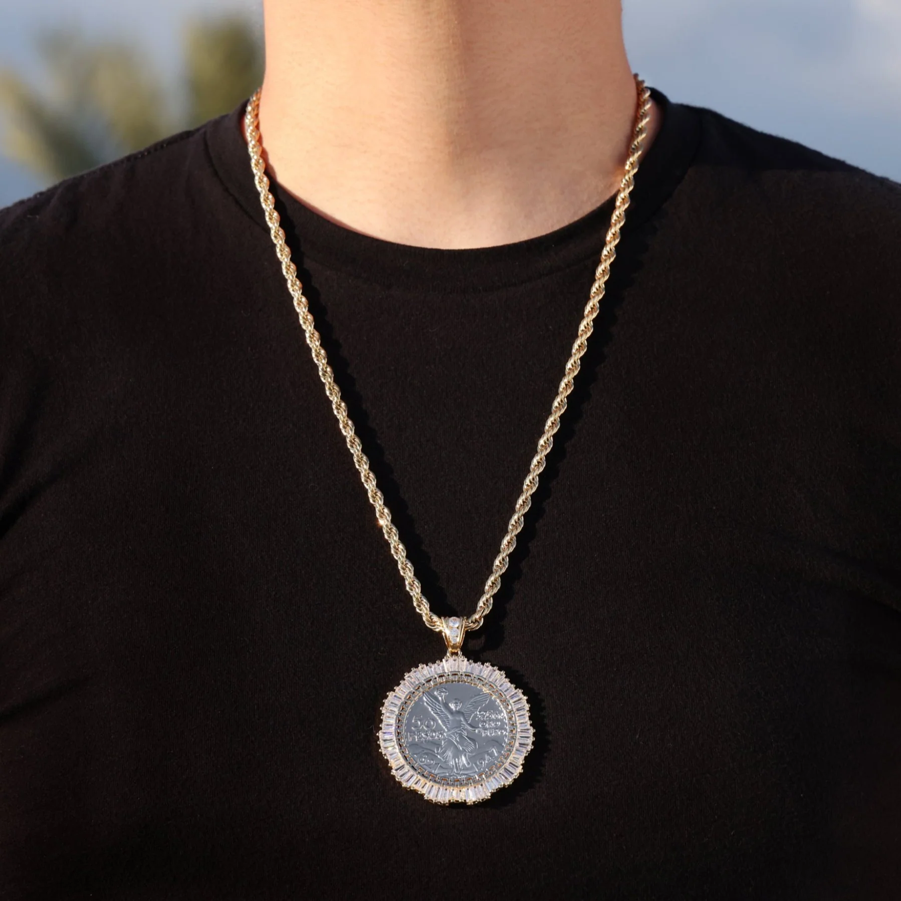 Star Baguette Diamond Bezel Centenario Pendant - Gold - Image 3